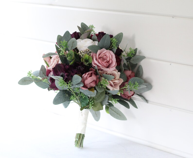 Burgundy dusky pink artificial bridal bouquet Silk wedding Etsy