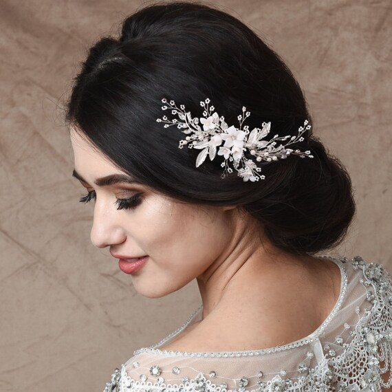 Silver Rhinestone and Pearl Floral Bridal Hair Comb Silver Rhinestone and Pearl Flower Bridal Hair Comb, Wedding  main image 3