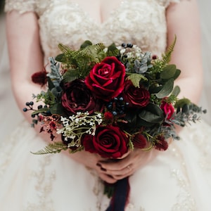 Red Artificial Bridal Bouquet, Burgundy Rose Wedding Bouquet, Bridesmaid Thistle Bouquet, Winter Bouquet, Autumn Bouquet, Navy Bouquet