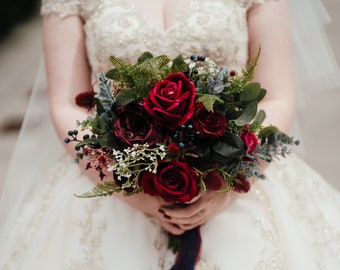 Red Artificial Bridal Bouquet, Burgundy Rose Wedding Bouquet, Bridesmaid Thistle Bouquet, Winter Bouquet, Autumn Bouquet, Navy Bouquet