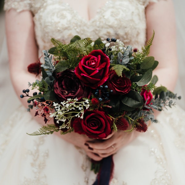 Red Rose Bridal Bouquet: Burgundy Thistle, Navy Accent, Autumn Winter Wedding