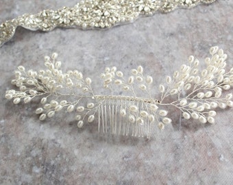Handmade Ivory Pearl Bridal Hair Comb: Silver Wedding Hair Vine