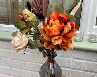 Artificial burnt orange table decor, Terracotta rose arrangement, Black bunny tail arrangement, Autumn wedding flower centrepiece