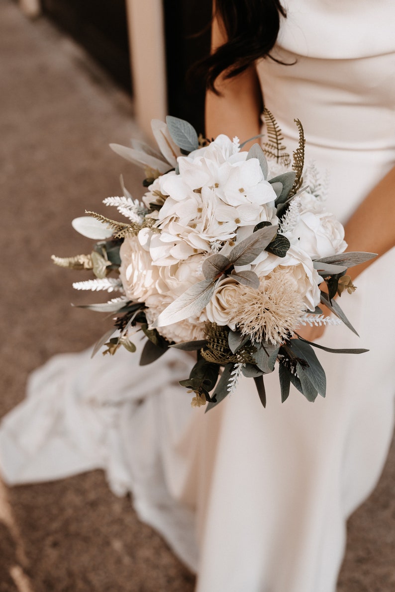 Artificial white ivory wedding flower bouquet, Real Touch bridal flower bouquet, Faux flower bouquet, Bridesmaid Winter peony bouquet image 10