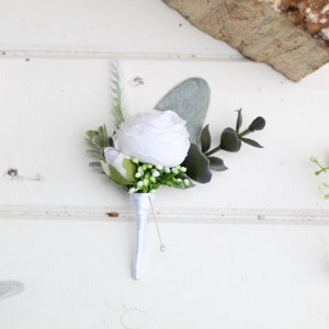 Grooms Artificial White Flower Buttonhole - White Ranunculus Wedding Boutonniere - Wedding Flower Buttonhole