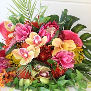 Artificial Tropical Bouquet, Silk Pink Tropical Flower Bouquet, Real Touch Orange Bridal Bouquet, Yellow Faux Wedding Bouquet