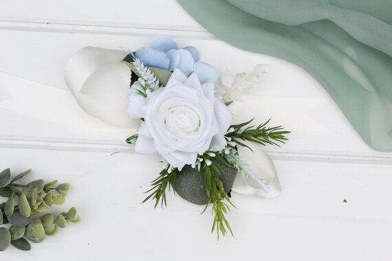Buy Artificial White Rose Wrist Corsage Blue Wedding Corsage