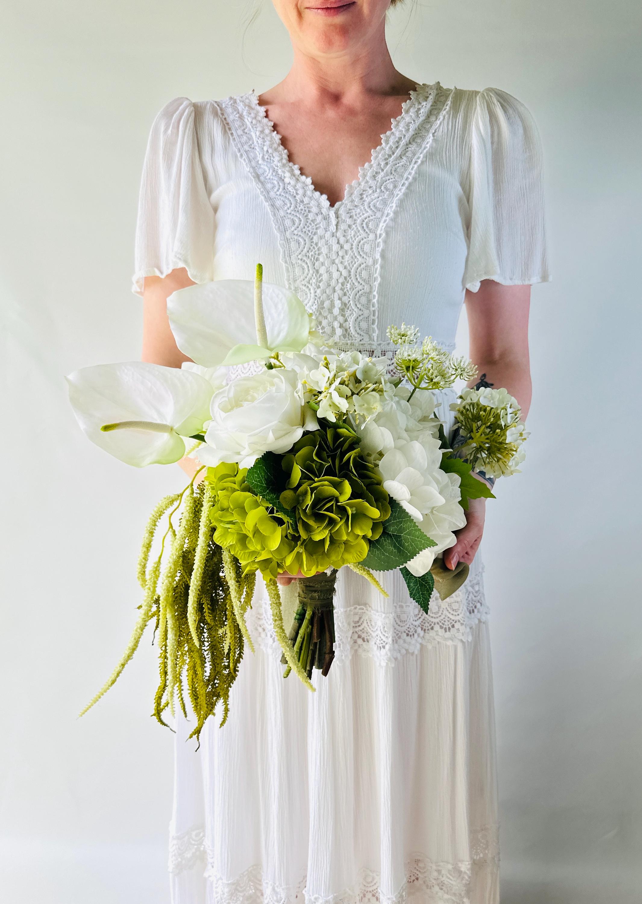White Artificial Hydrangea Bridal Bouquet - Ivory Anthurium Modern