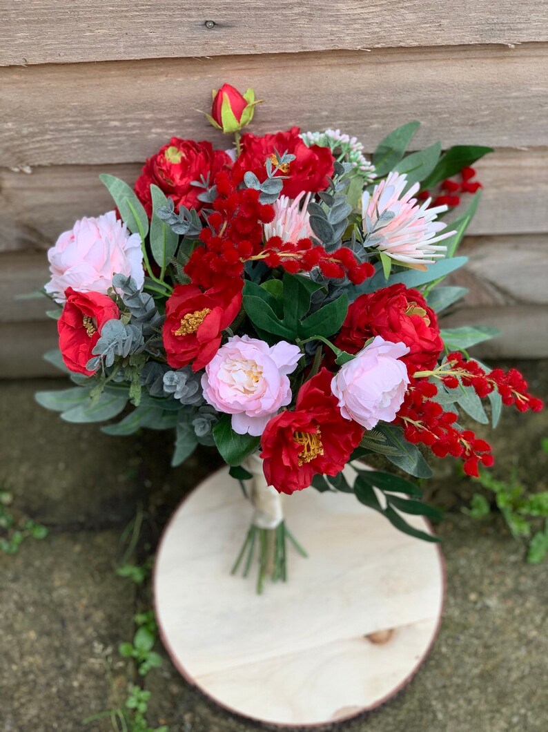 Tessa Cranberry Red Pink Artificial Flower Bridal Bouquet-Real touch silk red pink flower bridal bouquet Floral arrangement.