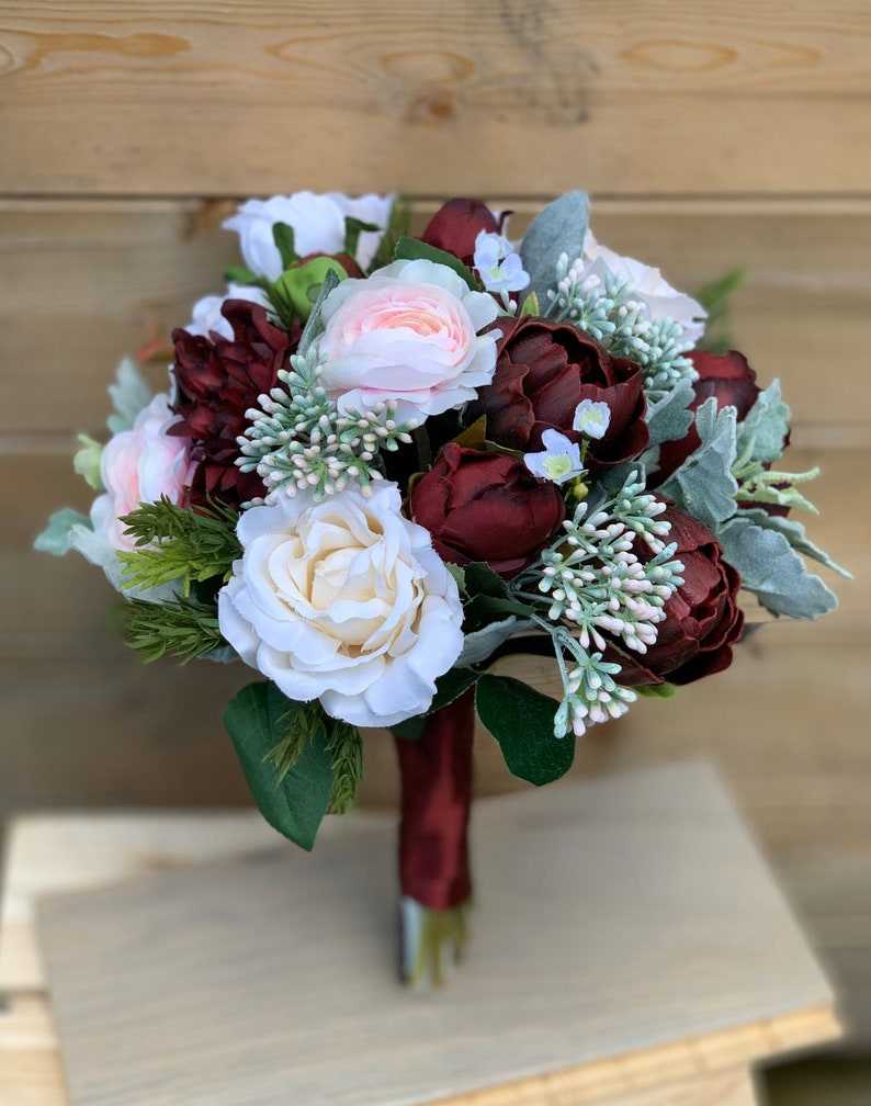 Artificial Burgundy Blush Bridal Bouquet Burgundy Faux Flower Etsy