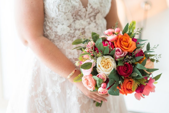 Artificial Pink Orange Bridal Bouquet: Vibrant Tropical Wedding Flowers -  Etsy