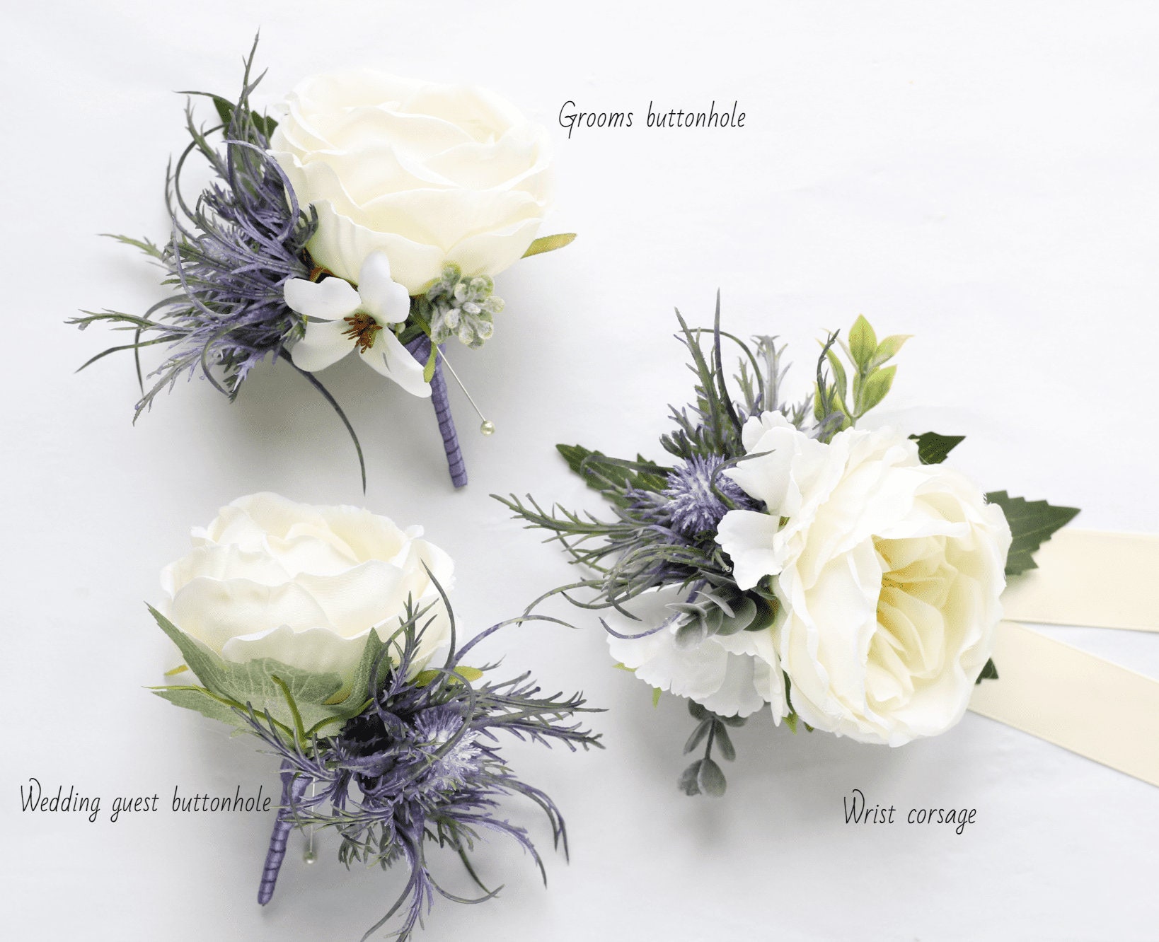 Artificial Ivory Peony Wedding Corsage Flower Blue Thistle - Etsy