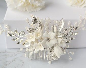 Silver Floral Bridal Hair Decorative Wedding Hair Accessories-Silver Ivory Floral HeadPieces-Wedding Hair Jewellery-Hair Jewelry