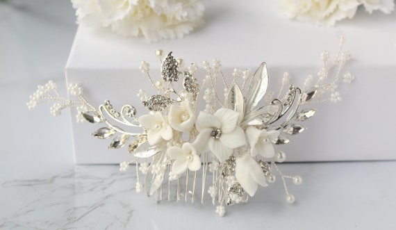 Silver Floral Bridal Hair Comb: Pearl & Rhinestone Wedding  display picture 1