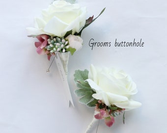 Artificial Ivory Rose Wedding Boutonniere, Blush Rose Wedding Buttonhole, Pageboy wedding buttonhole, Wedding Guest Rose Boutonniere