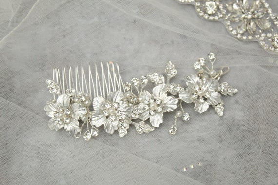 Silver Floral Bridal Hair Comb: Rhinestone Pearl Wedding 