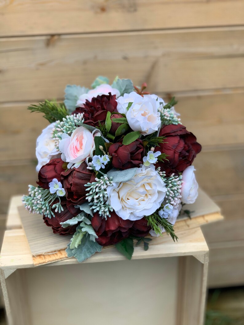 Artificial Burgundy Blush Bridal Bouquet Burgundy Faux Flower Etsy