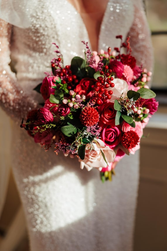 strapless open back dress Bridal/Brides Bouquet in Romantic Red Flowers main image 0