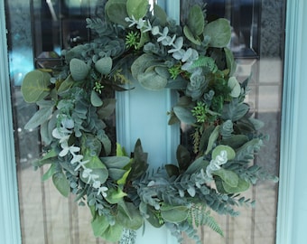 Artificial eucalyptus outside door wreath - Seasonal front door wreath - Eucalyptus door wreath - Autumn door wreath