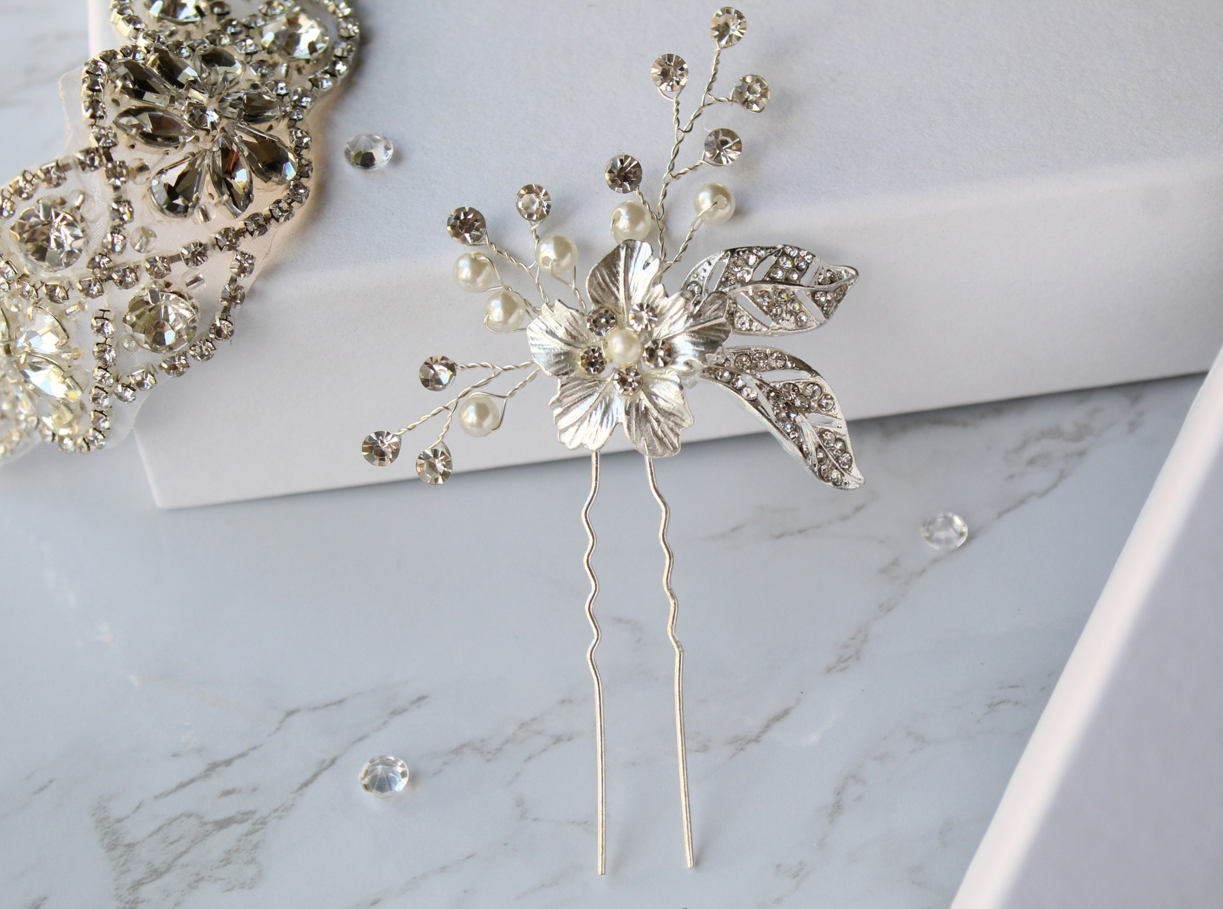 Silver Flower Wedding Hair Pin, Crystal Rhinestone Bridal 