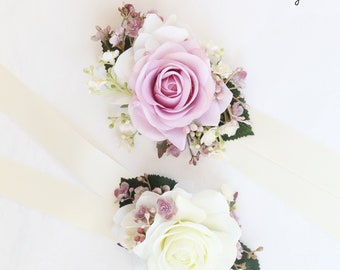 Mauve Rose Wrist Corsage - Artificial Ivory Wedding Corsage - Silk Rose Flower Magnet Corsage-Ivory Rose Wedding Corsage-Rose Wrist Bracelet