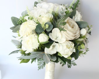 Artificial white ivory wedding flower bouquet, Real Touch bridal flower bouquet, Faux flower bouquet, Bridesmaid Winter peony bouquet