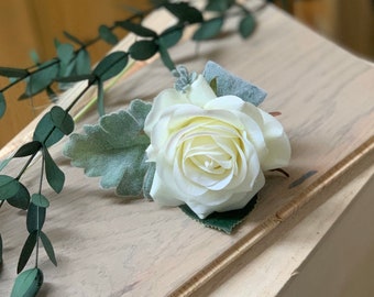 Real Touch Ivory Rose Grooms Buttonhole, Faux Flower Groomsmen Boutonnières, Artificial Wedding Flower Buttonholes, Grooms Buttonhole