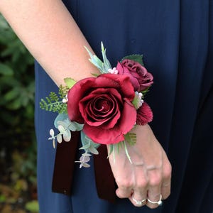 Artificial Burgundy Rose Wrist Corsage, Dusty Pink Wedding Wrist Corsage, Winter Wrist Corsage Bracelet,  Red Prom Corsage