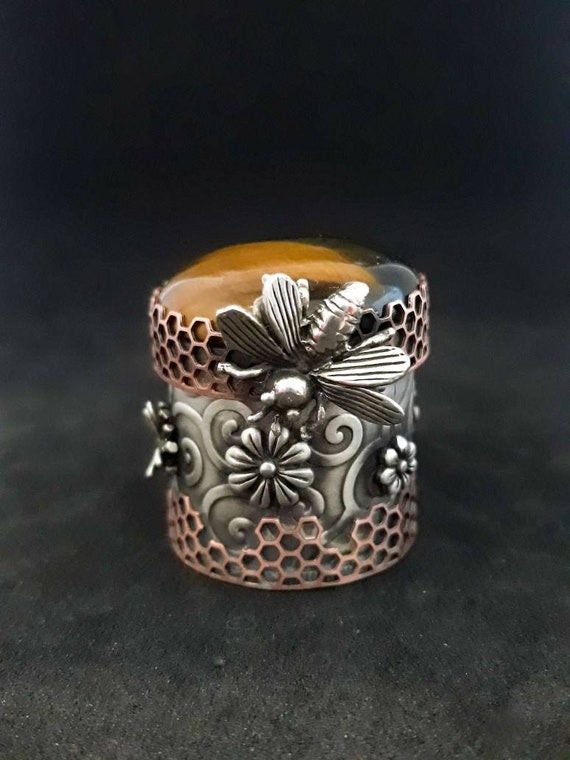 Unique Tigers Eye Bee on Honeycomb Sterling Silver Pendant