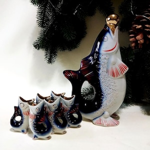 Decanter set and 6 shot glass, set of fish, ukraine vintage porcelain service set, decanter, antique drinkware set, old barware set