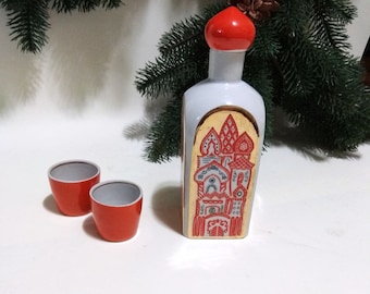 Vintage Ukrainian Porcelain Vodka Decanter Set, Hand-Painted Barware