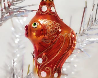 Adorno navideño vintage de pez dorado de vidrio soplado, pintado a mano