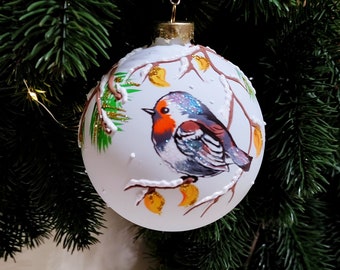 Hand painted Christmas tree glass, bird hand painted in Xmas vintage white christmas ball diameter- 3.93" (10cm), christmas tree decorations