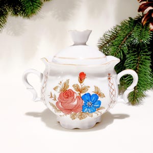 Sugar bowl soviet vintage 1970-s, ukrainian retro home decor, large floral porcelain sugar bowl with lid, sugar pot and lid