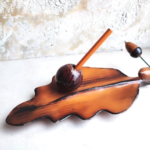 Wooden pen and pencil holder for desk, Ukranian folk art wood carving, wooden acorn, wood figurine
