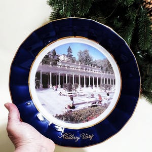 Vintage wall decor, decorative cobalte plate Karlovy Vary, wall plate decor, retro home decor, collector plate brand Epiag, Czechoslovakia