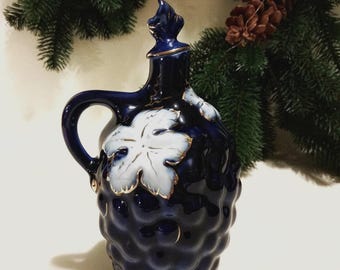 Vintage Kobalt Porzellan Karaffe, Trauben Weinstube, Ukrainisch Barware