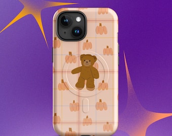 Funda para iPhone con diseño de calabaza y oso acogedor de otoño y MagSafe, funda estilo cottagecore.