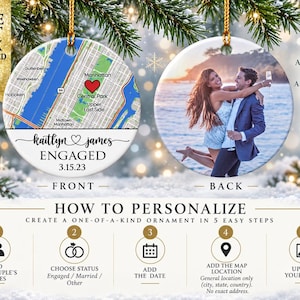 May include: Two round ceramic ornaments featuring a custom map of Manhattan with a red heart on the front, and a photograph of a couple on the back. The front includes the text Kaitlyn and James, ENGAGED, and the date 3.15.23 in black ink.