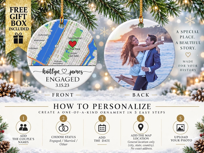 May include: Two round ceramic ornaments featuring a custom map of Manhattan with a red heart on the front, and a photograph of a couple on the back. The front includes the text Kaitlyn and James, ENGAGED, and the date 3.15.23 in black ink.