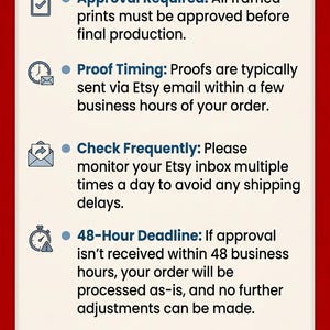 May include: An informational graphic titled Framed Prints: Approval & Production Guide. It lists five points: Approval Required, Proof Timing, Check Frequently, 48-Hour Deadline, and Cancellation Policy, each accompanied by a small icon.