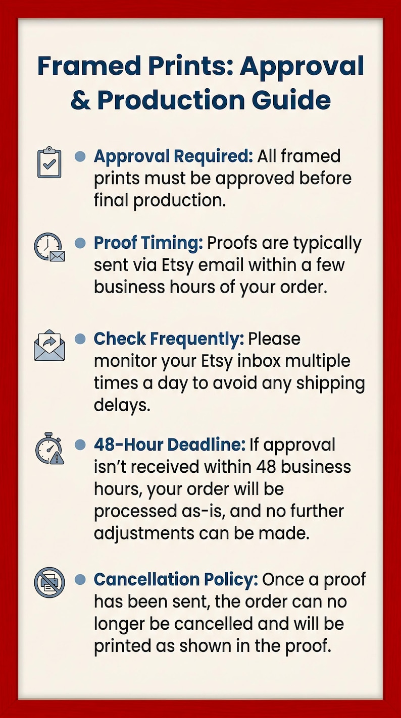 May include: An informational graphic titled Framed Prints: Approval & Production Guide. It lists five points: Approval Required, Proof Timing, Check Frequently, 48-Hour Deadline, and Cancellation Policy, each accompanied by a small icon.