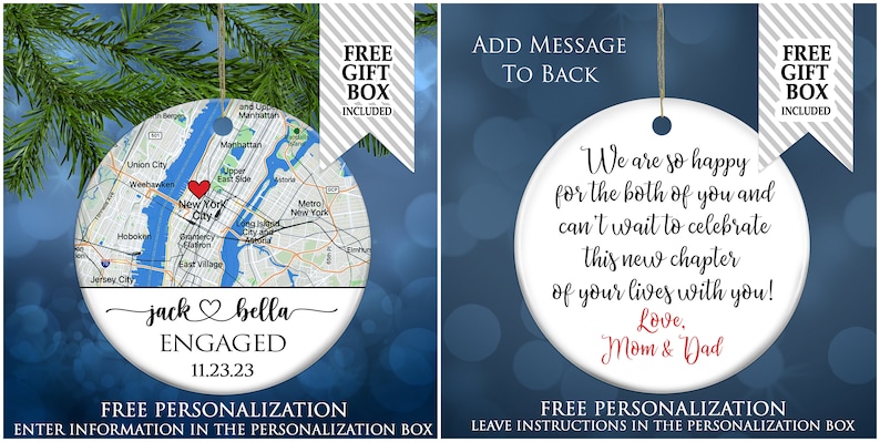 May include: A round white ceramic ornament featuring a map of New York City with a red heart icon, the names jack and bella, the word ENGAGED, and the date 11.23.23. The back displays black and red text reading We are so happy for the both of you.