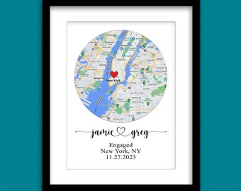 May include: A printable map of New York City with a red heart marking the location of the city. The text below the map reads "jamie greg Engaged New York, NY 11.27.2023".