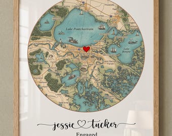 Mapa de compromiso personalizado, impresión enmarcada, recuerdo personalizado del lugar donde nos conocimos, aniversario, boda.