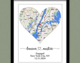 Regalo de compromiso para pareja, lámina personalizada única de la ciudad enmarcada, mapa de "Donde todo comenzó", lámina de mapa personalizada