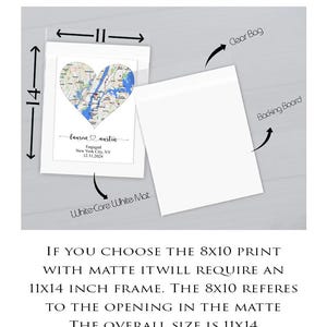 May include: An 8x10 inch print with a white mat, totaling 11x14 inches. The print features a heart-shaped map of New York City, the names Lauren and Austin, and the text Engaged New York City, NY 12.31.2024. Includes a clear bag and backing board.