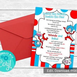 May include: A red and blue birthday invitation with a red and blue striped background. The invitation features two characters from the book "The Cat in the Hat" holding a cake and a fishbowl. The text on the invitation reads "Double the trouble, Double the fun!" and includes the names Yolanda and Sekai, the date August 6th, the time 2:30pm-5:30pm, and the location Paurays plaza 1224 Groom Rd. Baker, LA 12344.