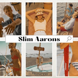 以下が含まれることがあります： ボートに乗っている人々を写した画像のコラージュ。画像には、白いタンクトップと花柄の帽子を被った人、赤い水着を着た人、青いシャツを着た人、赤と白のストライプの水着を着た人が写っています。画像はグリッドパターンで配置されており、コラージュの中央には「Slim Aarons」というテキストが表示されています。