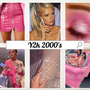 May include: A collage of images representing the Y2k fashion trend of the early 2000s. The images include a pink leather mini skirt, a woman on a phone, a close-up of pink eyeshadow with glitter, a woman in a pink tracksuit holding a small dog, a woman wearing a sparkly mesh top, and two women in a pink convertible.